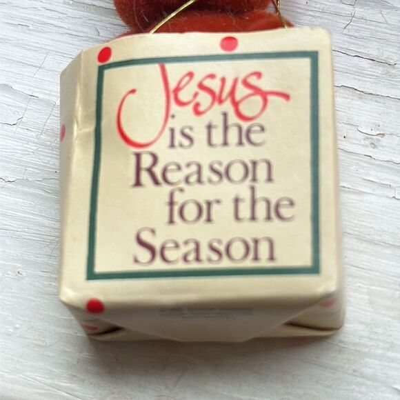 Vtg 1985 tiny flocked bear in bag that says Jesus is the Reason for the Season - Picture 3 of 5